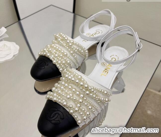 Stylish Chanel Lambskin Pearl Bead Charm Sandals 2cm White 032526