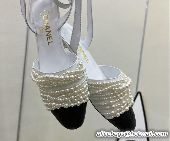 Stylish Chanel Lambskin Pearl Bead Charm Sandals 2cm White 032526