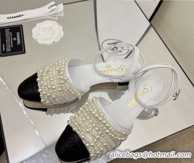 Stylish Chanel Lambskin Pearl Bead Charm Sandals 2cm White 032526