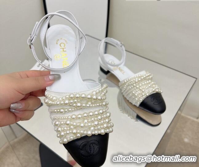 Stylish Chanel Lambskin Pearl Bead Charm Sandals 2cm White 032526