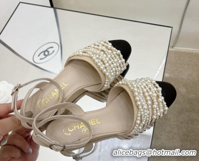 Good Quality Chanel Lambskin Pearl Bead Charm Sandals 2cm Beige 032527