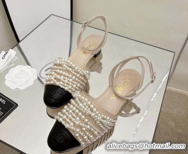 Good Quality Chanel Lambskin Pearl Bead Charm Sandals 2cm Beige 032527