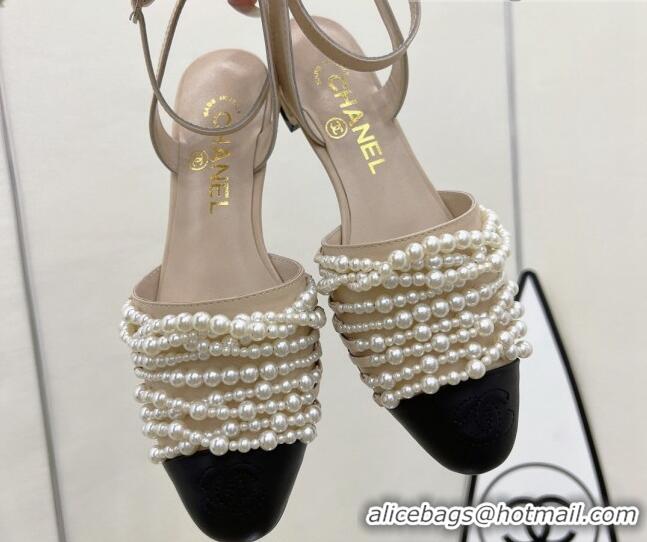 Good Quality Chanel Lambskin Pearl Bead Charm Sandals 2cm Beige 032527