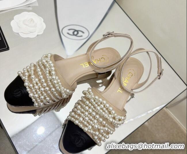 Good Quality Chanel Lambskin Pearl Bead Charm Sandals 2cm Beige 032527