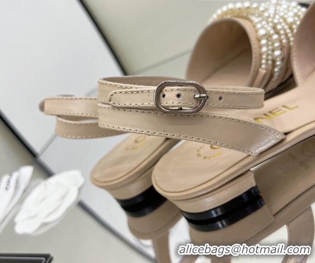 Good Quality Chanel Lambskin Pearl Bead Charm Sandals 2cm Beige 032527