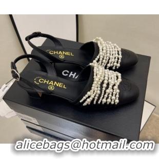 Discount Chanel Lambskin Pearl Bead Charm Medium Heel Sandals 5cm Black 032528