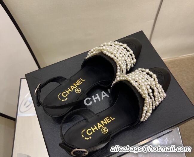 Discount Chanel Lambskin Pearl Bead Charm Medium Heel Sandals 5cm Black 032528