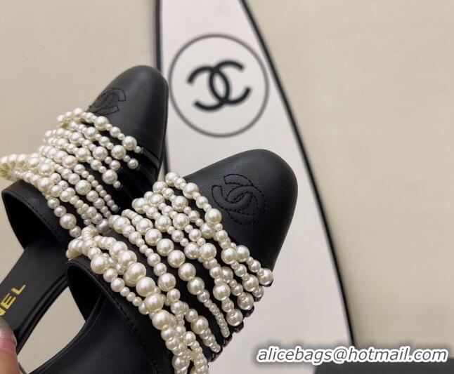 Discount Chanel Lambskin Pearl Bead Charm Medium Heel Sandals 5cm Black 032528