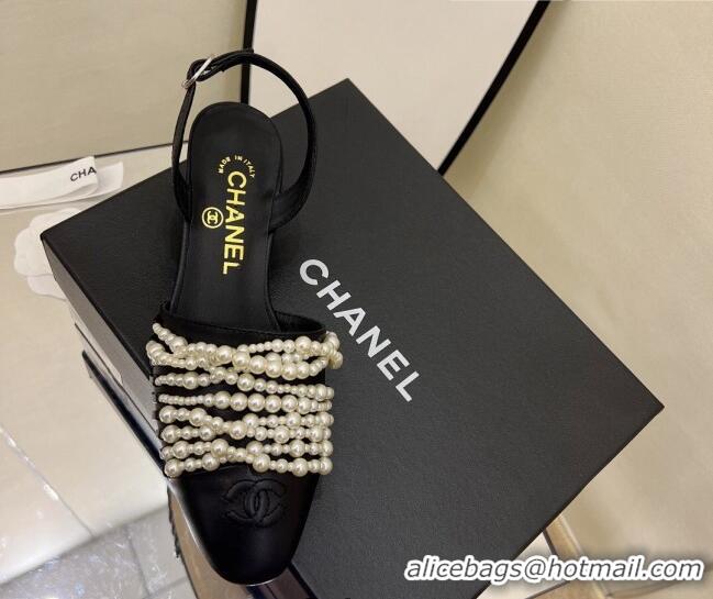 Discount Chanel Lambskin Pearl Bead Charm Medium Heel Sandals 5cm Black 032528