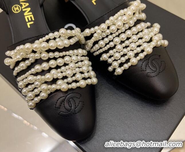 Discount Chanel Lambskin Pearl Bead Charm Medium Heel Sandals 5cm Black 032528