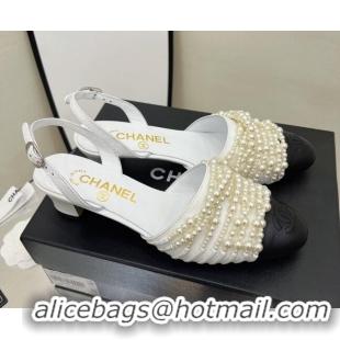 Low Price Chanel Lambskin Pearl Bead Charm Medium Heel Sandals 5cm White 032529