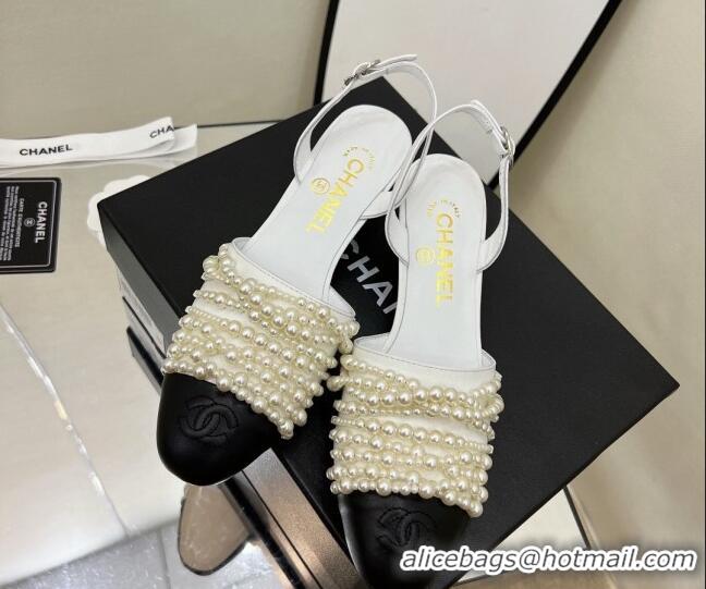 Low Price Chanel Lambskin Pearl Bead Charm Medium Heel Sandals 5cm White 032529