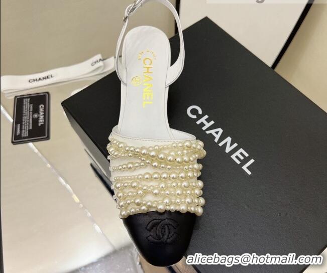 Low Price Chanel Lambskin Pearl Bead Charm Medium Heel Sandals 5cm White 032529