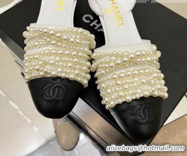 Low Price Chanel Lambskin Pearl Bead Charm Medium Heel Sandals 5cm White 032529