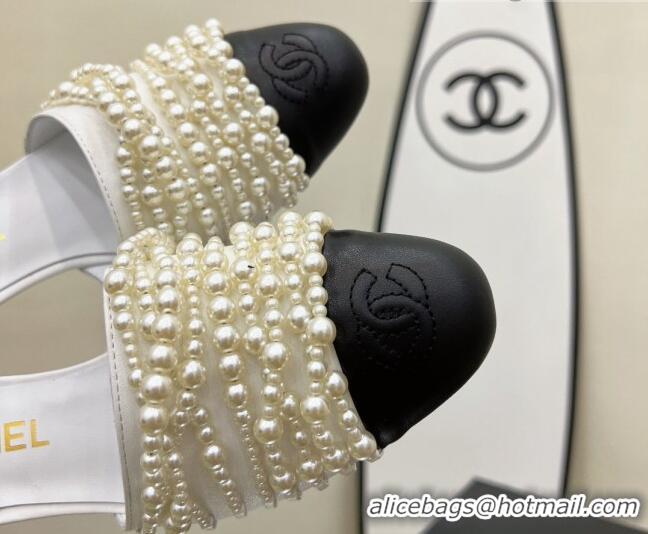 Low Price Chanel Lambskin Pearl Bead Charm Medium Heel Sandals 5cm White 032529