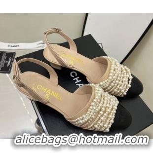 Top Grade Chanel Lambskin Pearl Bead Charm Medium Heel Sandals 5cm Beige 032530