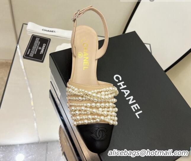 Top Grade Chanel Lambskin Pearl Bead Charm Medium Heel Sandals 5cm Beige 032530