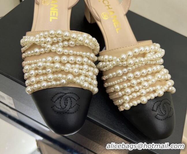 Top Grade Chanel Lambskin Pearl Bead Charm Medium Heel Sandals 5cm Beige 032530