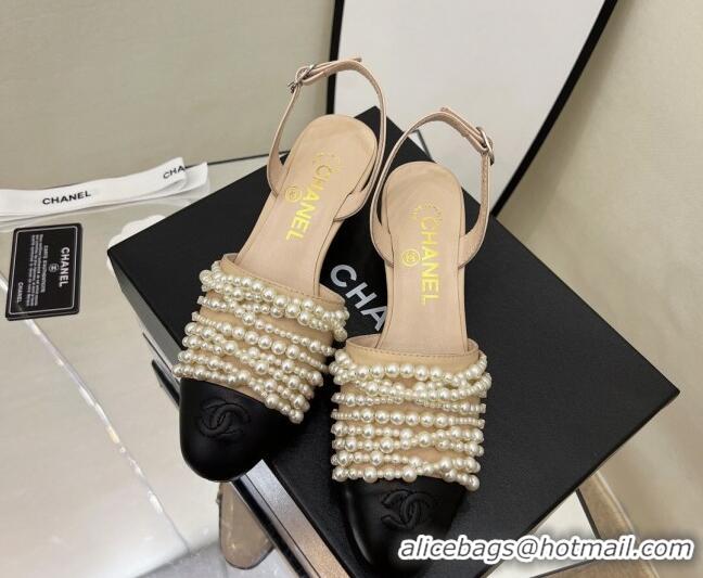 Top Grade Chanel Lambskin Pearl Bead Charm Medium Heel Sandals 5cm Beige 032530