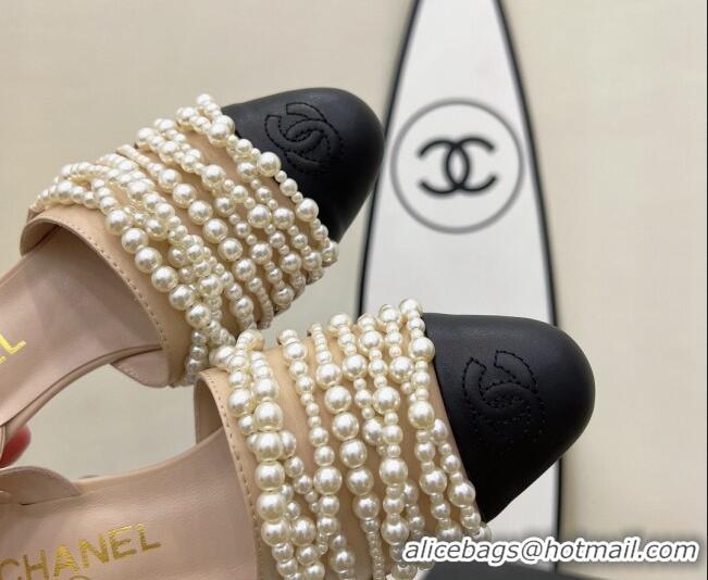 Top Grade Chanel Lambskin Pearl Bead Charm Medium Heel Sandals 5cm Beige 032530