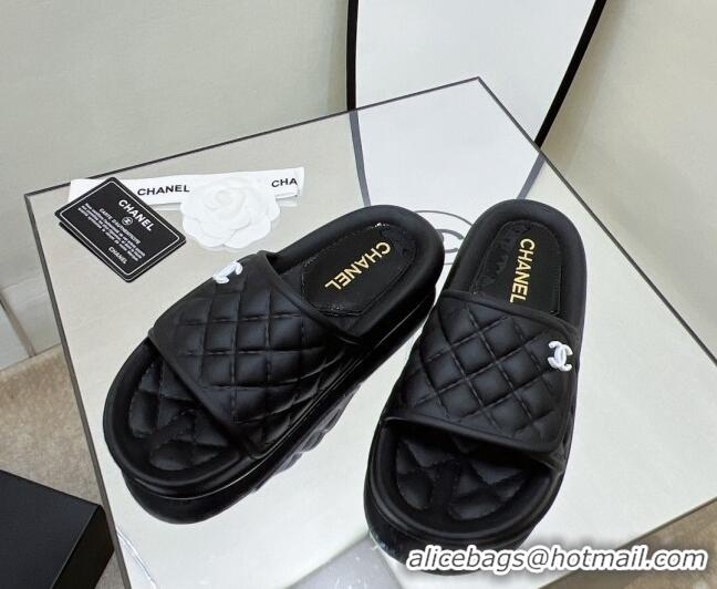 Unique Style Chanel Quilted Leather Foldover Flat Slide Sandals Black 032533