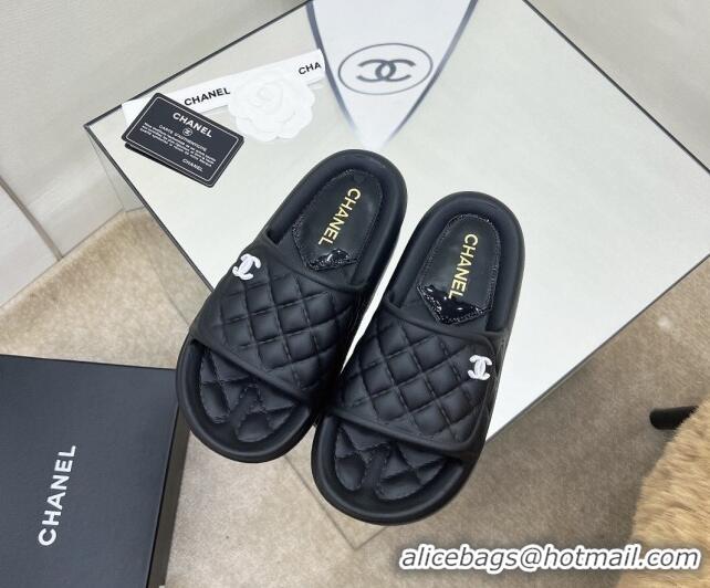 Unique Style Chanel Quilted Leather Foldover Flat Slide Sandals Black 032533