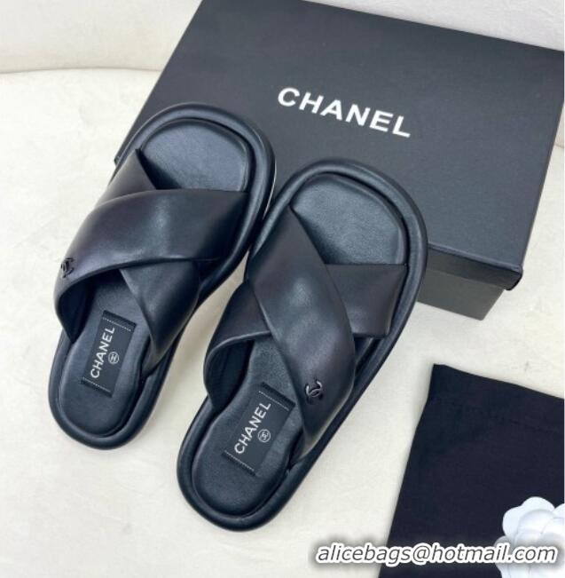 Stylish Chanel Lambskin Crossover Strap Flat Slide Sandals Black 2022 032534