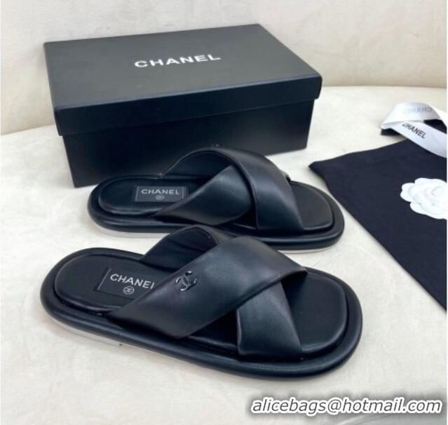 Stylish Chanel Lambskin Crossover Strap Flat Slide Sandals Black 2022 032534