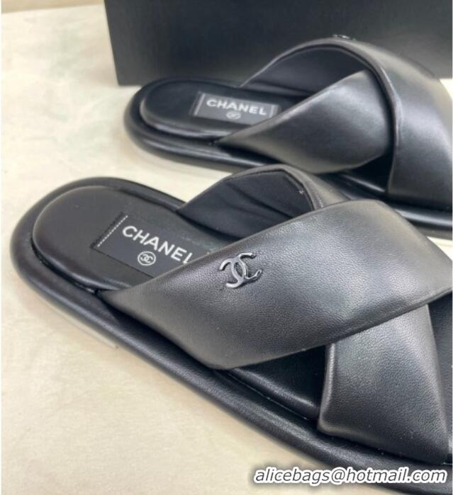 Stylish Chanel Lambskin Crossover Strap Flat Slide Sandals Black 2022 032534