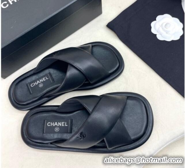 Stylish Chanel Lambskin Crossover Strap Flat Slide Sandals Black 2022 032534