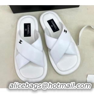 Grade Quality Chanel Lambskin Crossover Strap Flat Slide Sandals White 032535