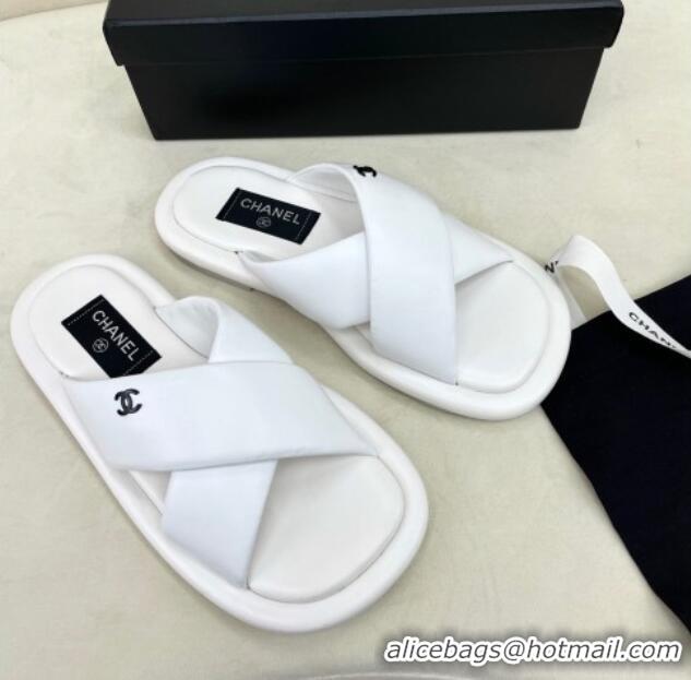 Grade Quality Chanel Lambskin Crossover Strap Flat Slide Sandals White 032535