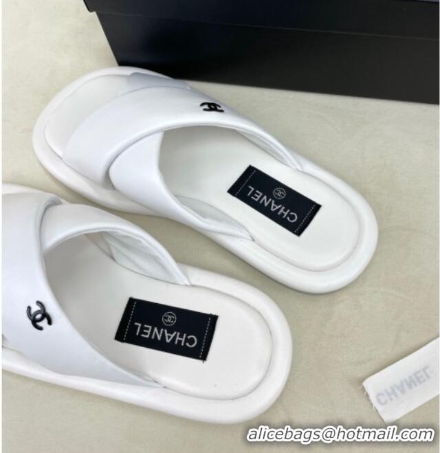 Grade Quality Chanel Lambskin Crossover Strap Flat Slide Sandals White 032535