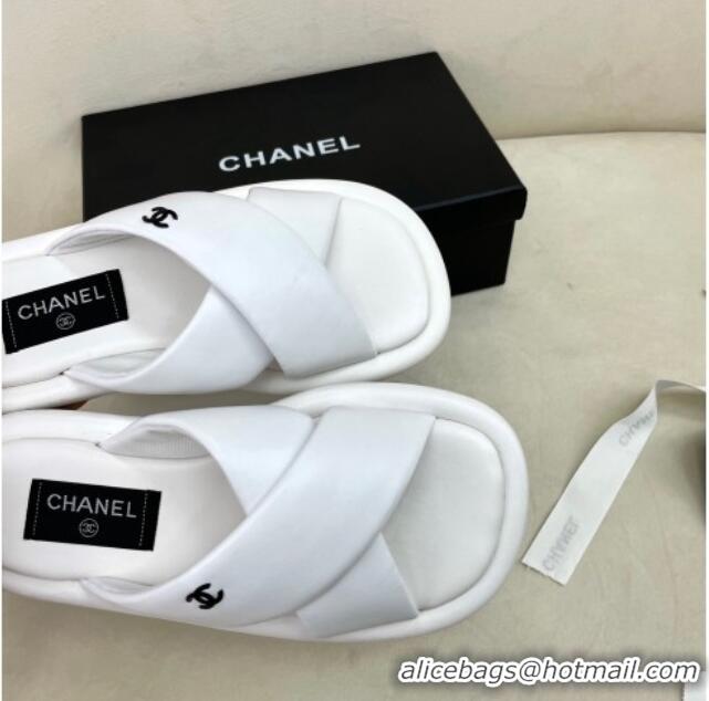 Grade Quality Chanel Lambskin Crossover Strap Flat Slide Sandals White 032535