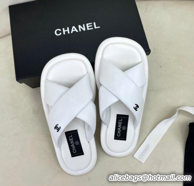 Grade Quality Chanel Lambskin Crossover Strap Flat Slide Sandals White 032535