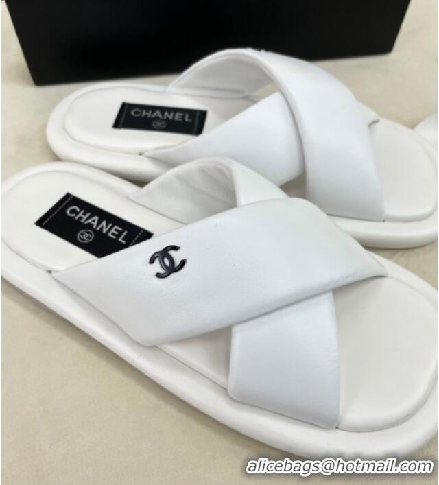 Grade Quality Chanel Lambskin Crossover Strap Flat Slide Sandals White 032535