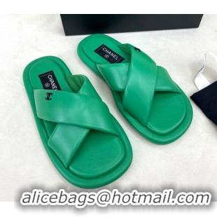 Luxurious Chanel Lambskin Crossover Strap Flat Slide Sandals Green 032536