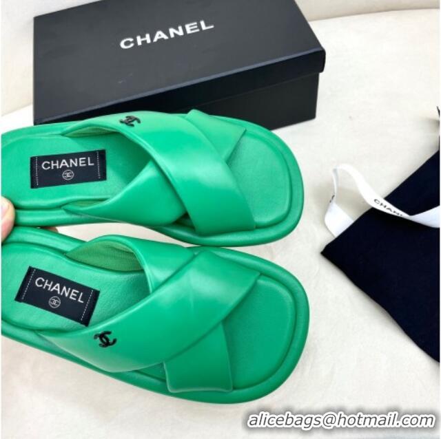 Luxurious Chanel Lambskin Crossover Strap Flat Slide Sandals Green 032536