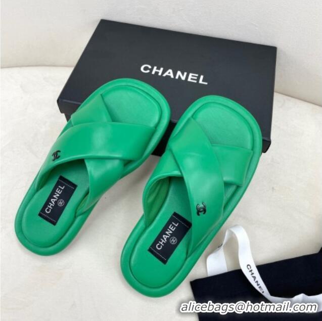 Luxurious Chanel Lambskin Crossover Strap Flat Slide Sandals Green 032536