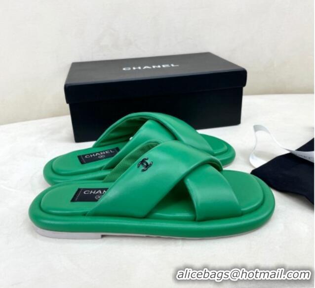 Luxurious Chanel Lambskin Crossover Strap Flat Slide Sandals Green 032536