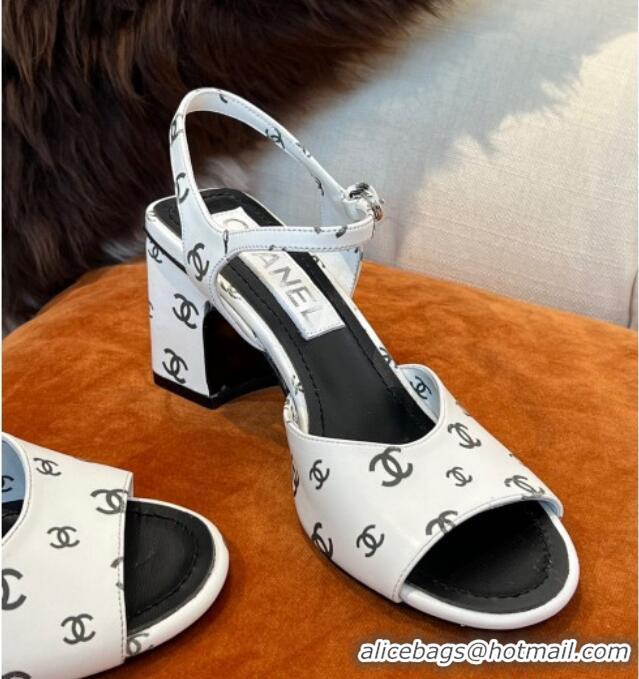 Low Cost Chanel CC Allover Printed Lambskin Medium Heel Sandals 6.5cm G38974 White