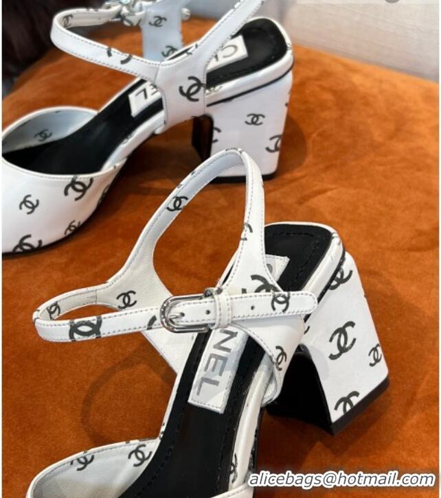 Low Cost Chanel CC Allover Printed Lambskin Medium Heel Sandals 6.5cm G38974 White