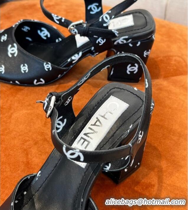 Perfect Chanel CC Allover Printed Lambskin Medium Heel Sandals 6.5cm G38974 Black 2022