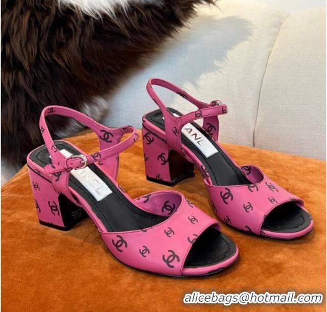 Cheap Chanel CC Allover Printed Lambskin Medium Heel Sandals 6.5cm G38974 Dark Pink 2022