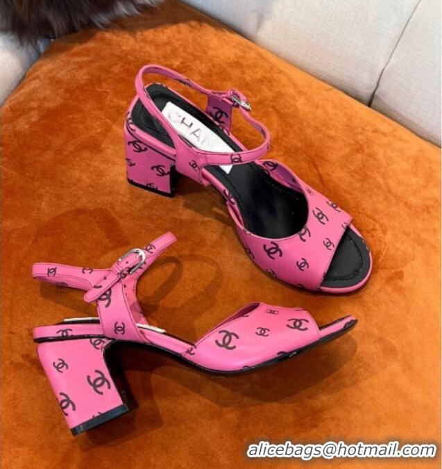 Cheap Chanel CC Allover Printed Lambskin Medium Heel Sandals 6.5cm G38974 Dark Pink 2022