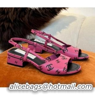 Cheapest Chanel CC Allover Printed Lambskin Low Heel Sandals 3.5cm G38976 Dark Pink