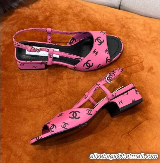 Cheapest Chanel CC Allover Printed Lambskin Low Heel Sandals 3.5cm G38976 Dark Pink