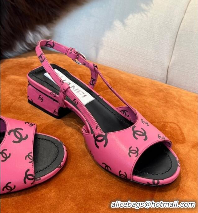 Cheapest Chanel CC Allover Printed Lambskin Low Heel Sandals 3.5cm G38976 Dark Pink