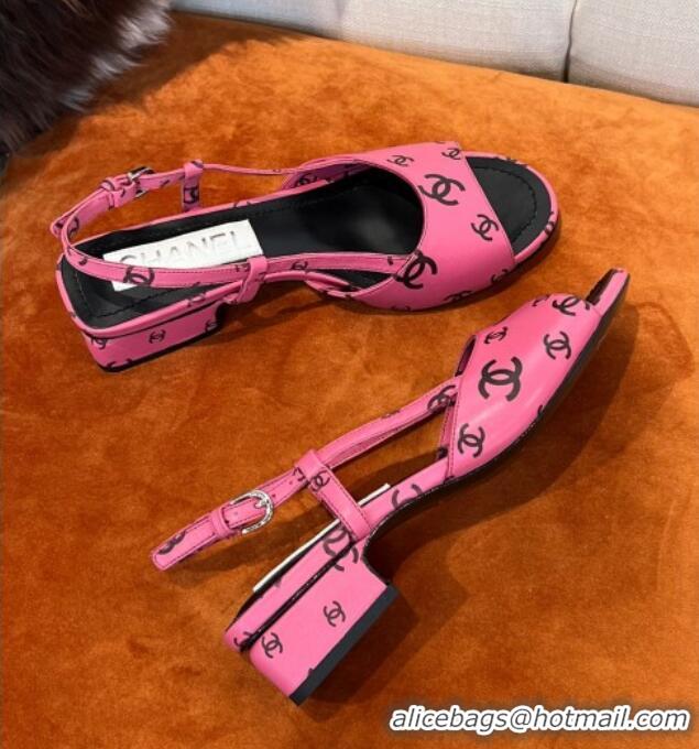 Cheapest Chanel CC Allover Printed Lambskin Low Heel Sandals 3.5cm G38976 Dark Pink