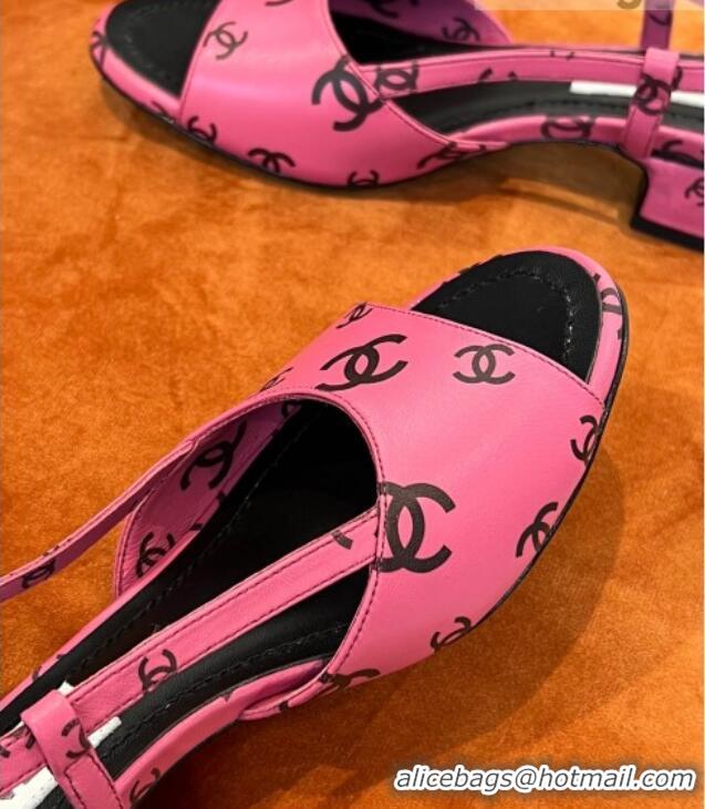 Cheapest Chanel CC Allover Printed Lambskin Low Heel Sandals 3.5cm G38976 Dark Pink